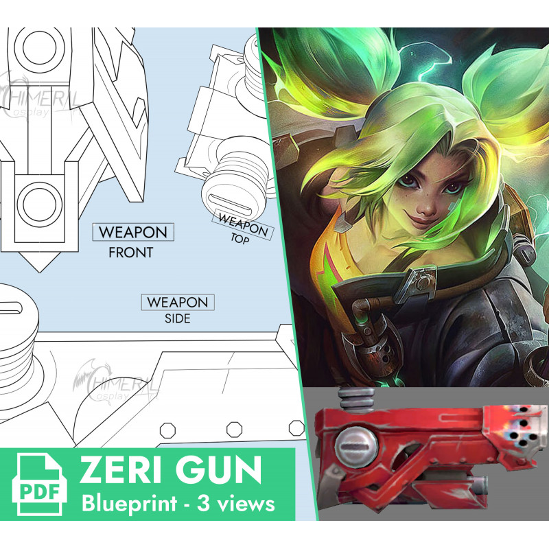 Zeri's gun - League of Legends - 3 blueprints (front, side and top views)